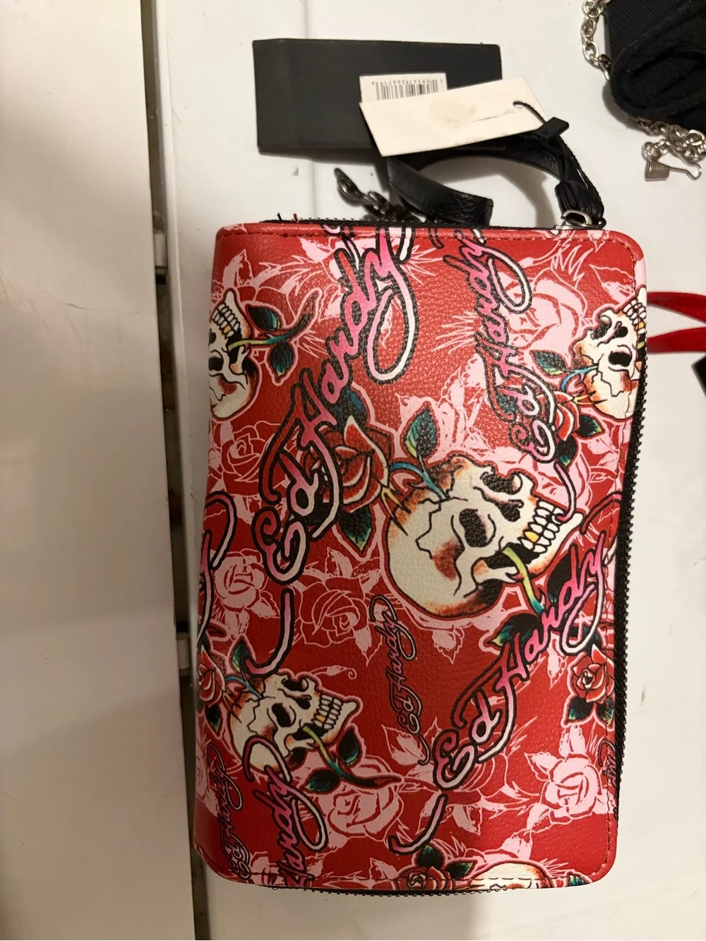 Ed Hardy Red Floral Skull Zip-Around Wallet with Black Trim